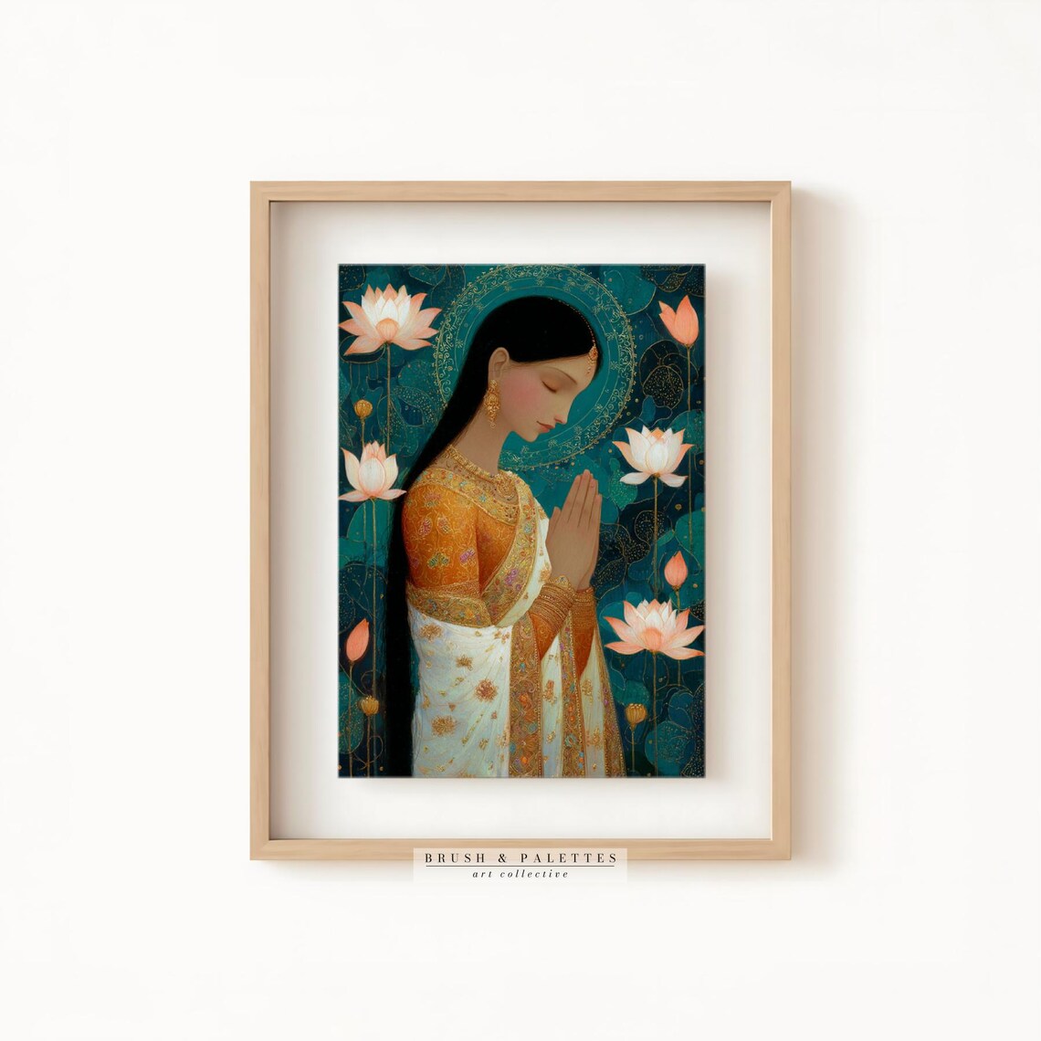 Namaste Woman In Sari Among Lotus Flowers Teal And Gold Spiritual Print - Image 3