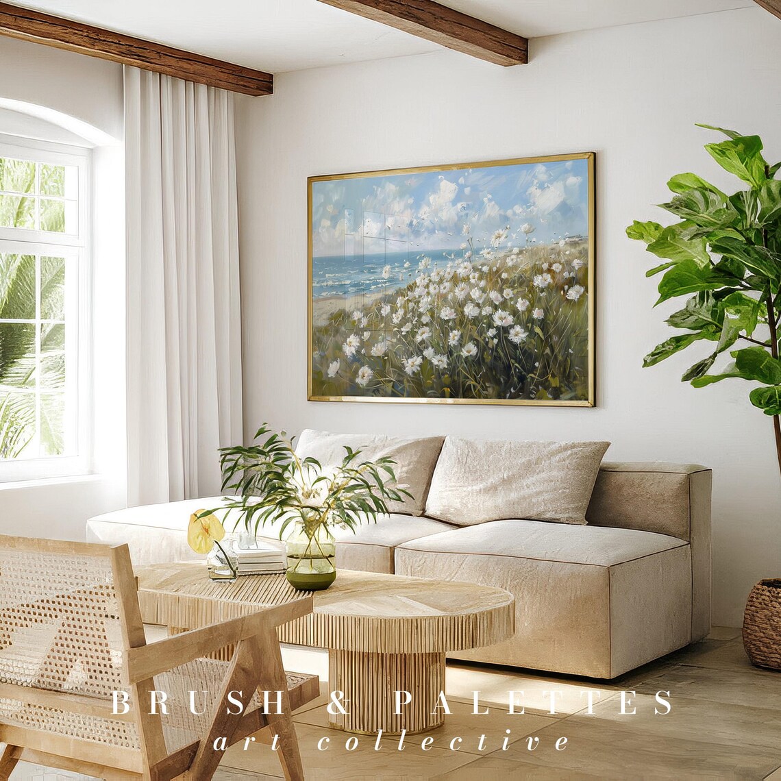 White Wildflowers Coastal Daisies Impasto Sea Meadow Painting Poster - Image 2