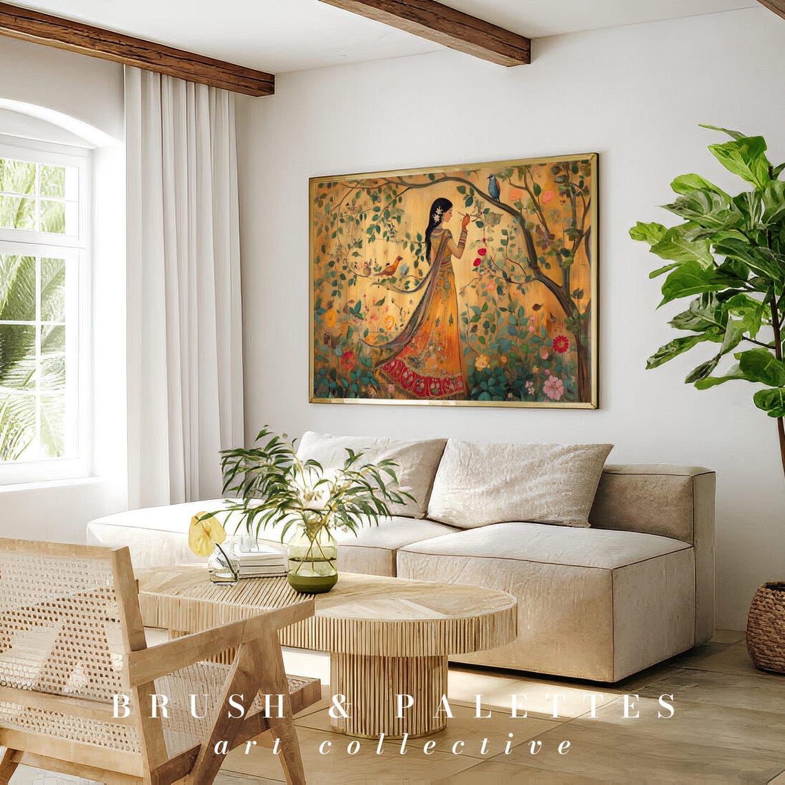 Woman Painting Print Traditional Floral Garden Wall Art Cultural Decor For Living Room By Brushandpalettes - Image 2