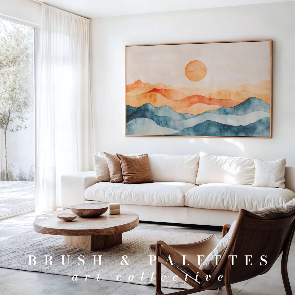 Sun Over Abstract Mountains Watercolor Orange Teal Modern Wall Art - Image 3