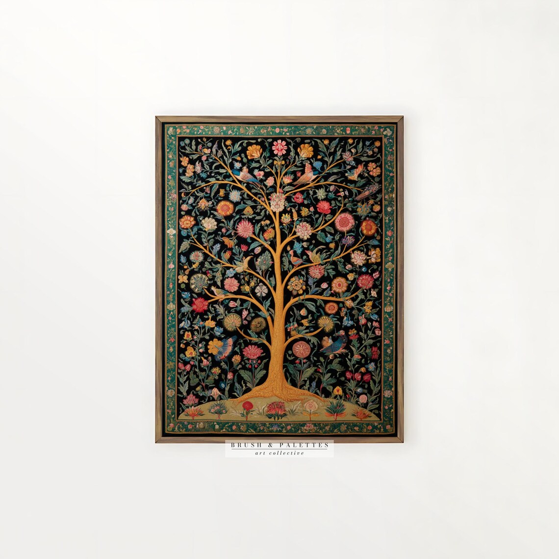 Tree of Life Golden Trunk Jewel Tone Floral Birds Folk Art Print - Image 3