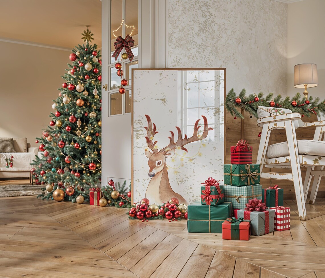 Watercolor Reindeer Christmas Poster Woodland Deer Holiday Decor Art - Image 2