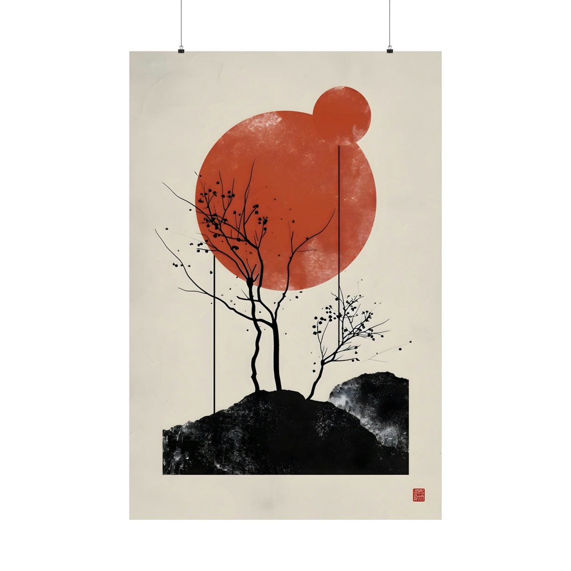 Japanese Red Sun Minimalist Ink Trees Zen Landscape Art Poster