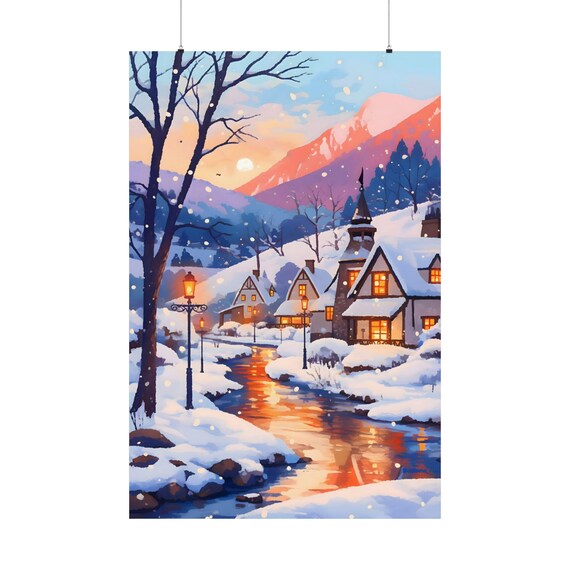 Snowy Winter Village At Dusk With Glowing Cottages And Stream Poster