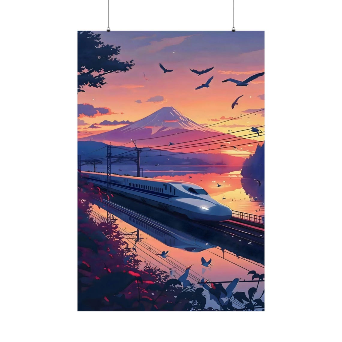 Japanese Bullet Train At Sunset Crossing Bridge With Mount Fuji Poster
