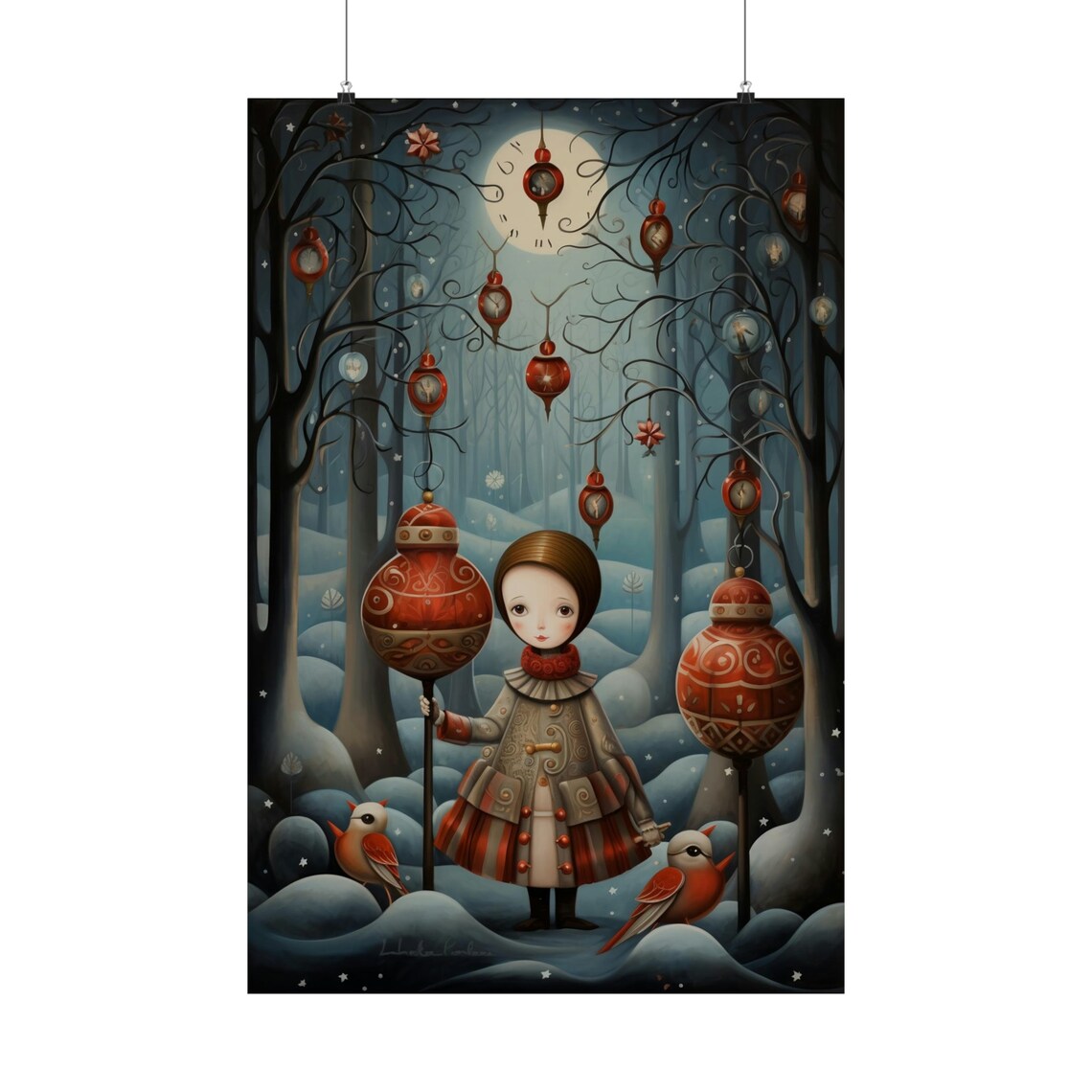 Whimsical Girl in Snowy Moonlit Christmas Ornament Forest Poster