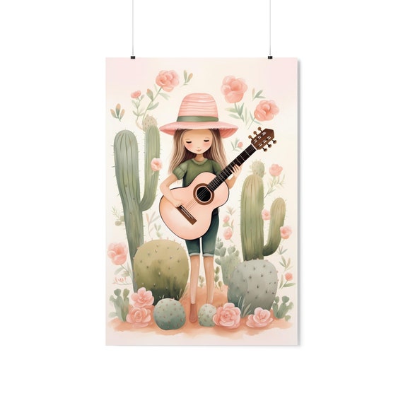 Cactus Flower Girl Poster 1 Retro Wall Art For Child Guitar Gift Cacti Lover Lady Bedroom Decor Western Kid Gifts Magical Music Artwork