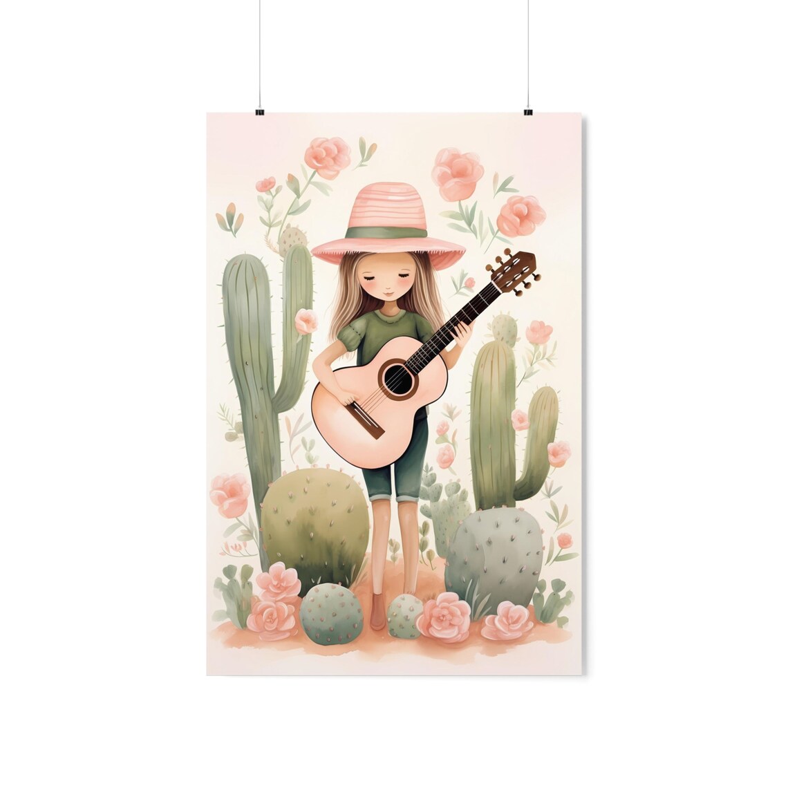 Girl Guitar Cactus Poster Watercolor Nursery Desert Flower Art