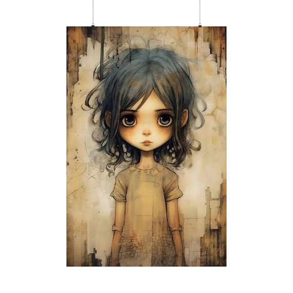 Big Eyed Girl Watercolor Portrait Melancholy Whimsical Poster