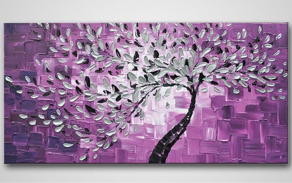 Large Art Hand Painted Living Room Home Decor Wall Art Picture Abstract Purple Silvery Tree Thick Palette Knife Painting On Wall Art