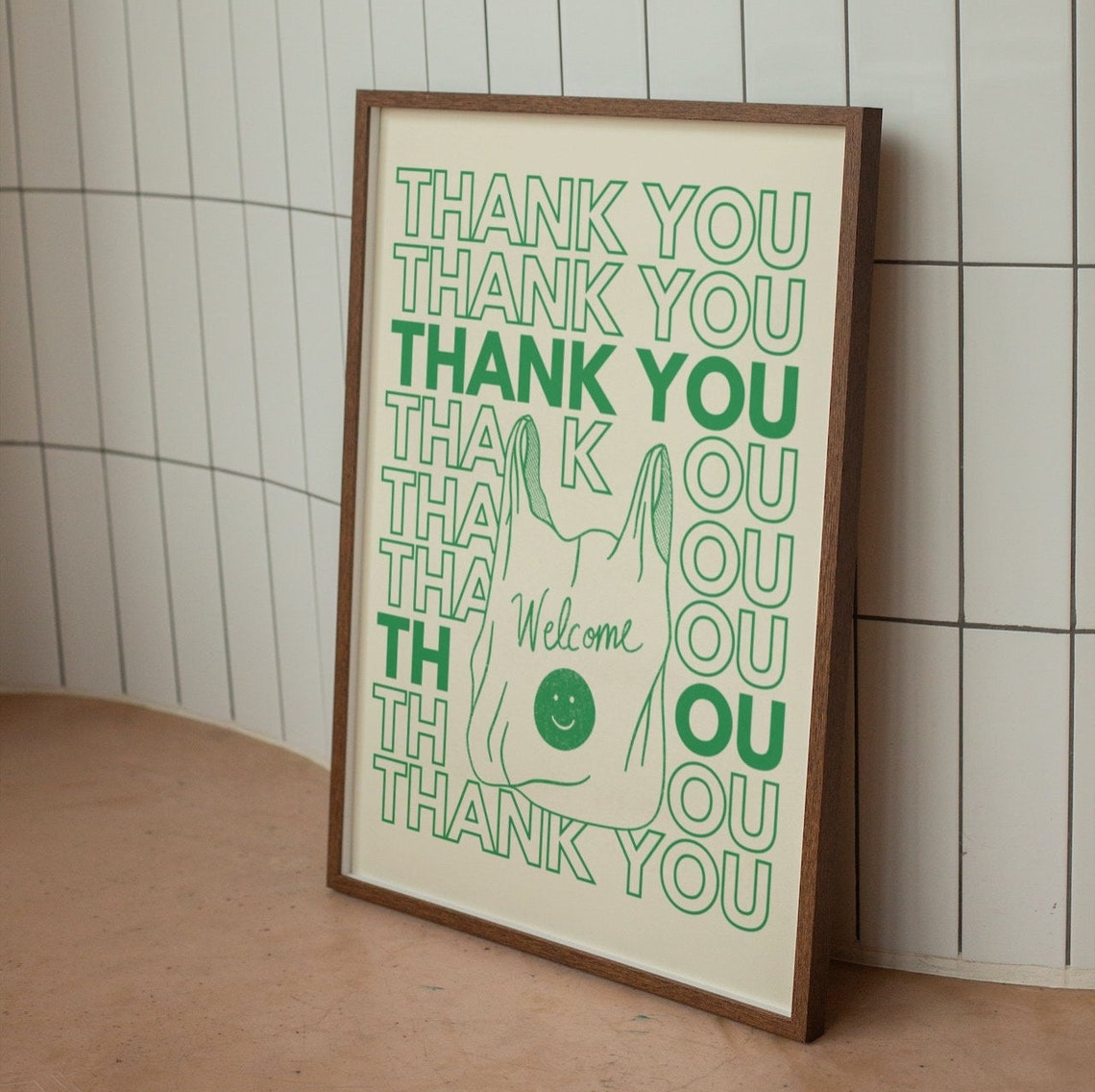 Retro Green Thank You Plastic Shopping Bag Smile Wall Print Decor - Image 2