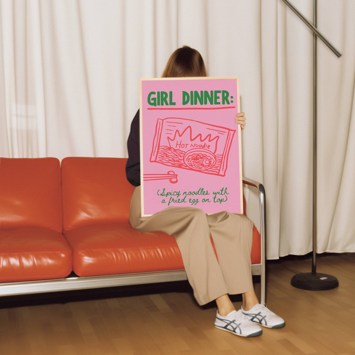 Pink Girl Dinner Spicy Noodle Packet Fried Egg Hand Drawn Poster - Image 2