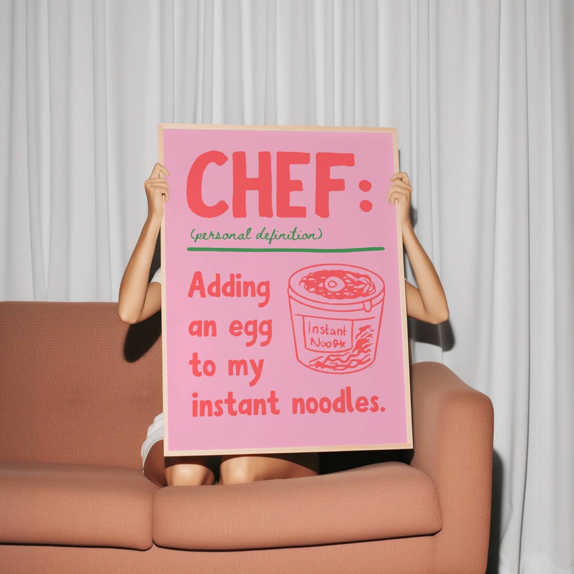 Chef Adding an Egg to Pink Instant Noodles Funny Kitchen Poster