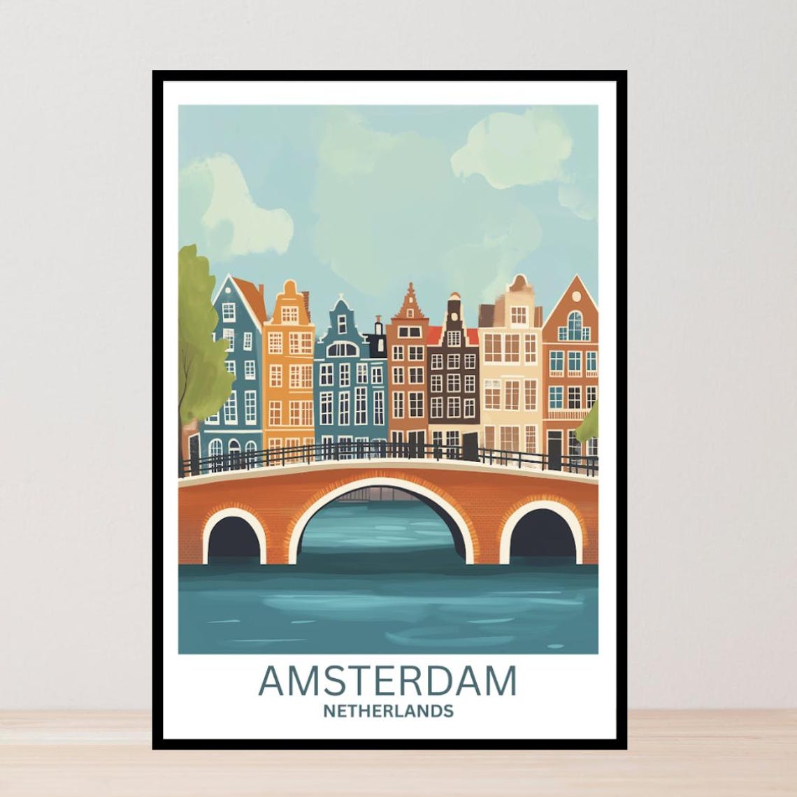Amsterdam Netherlands Canal Bridge Colorful Gabled Houses Poster