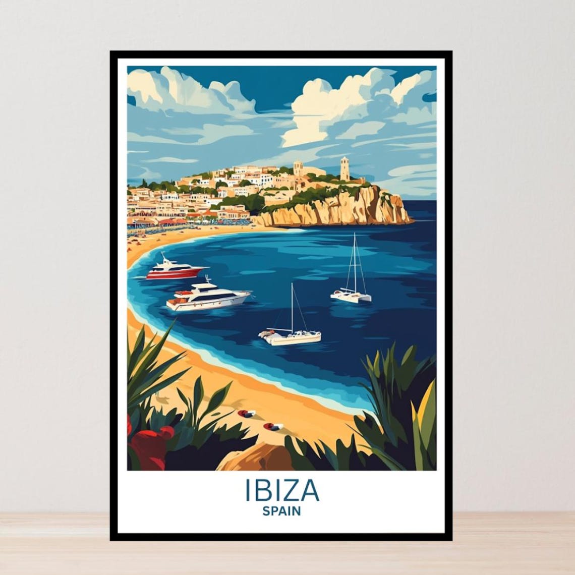 Ibiza Spain Sandy Cove Yachts White Old Town Vintage Travel Poster