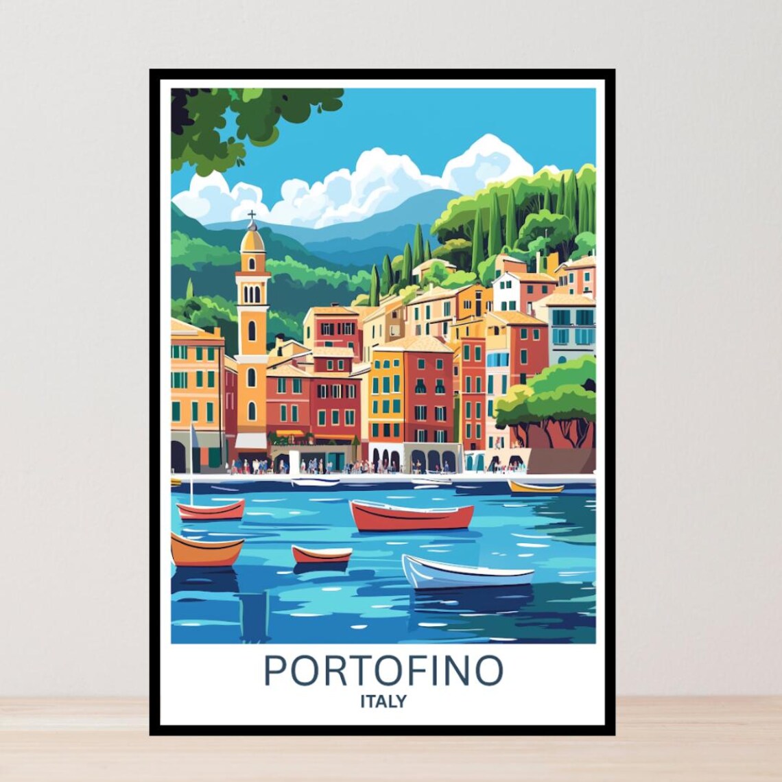 Portofino Italy Harbor Boats Pastel Village Vintage Travel Poster
