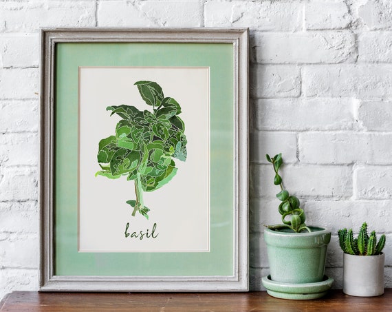 Basil Herb Kitchen Decor Watercolor Print Food Wall Art Herbal Home Gift For Her