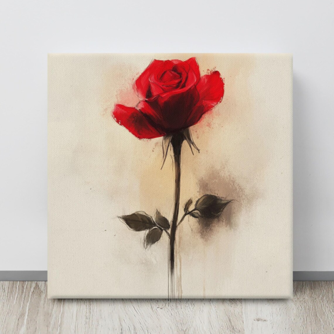 Red Rose Tall Stem Minimalist Watercolor Cream Elegant Romantic Poster