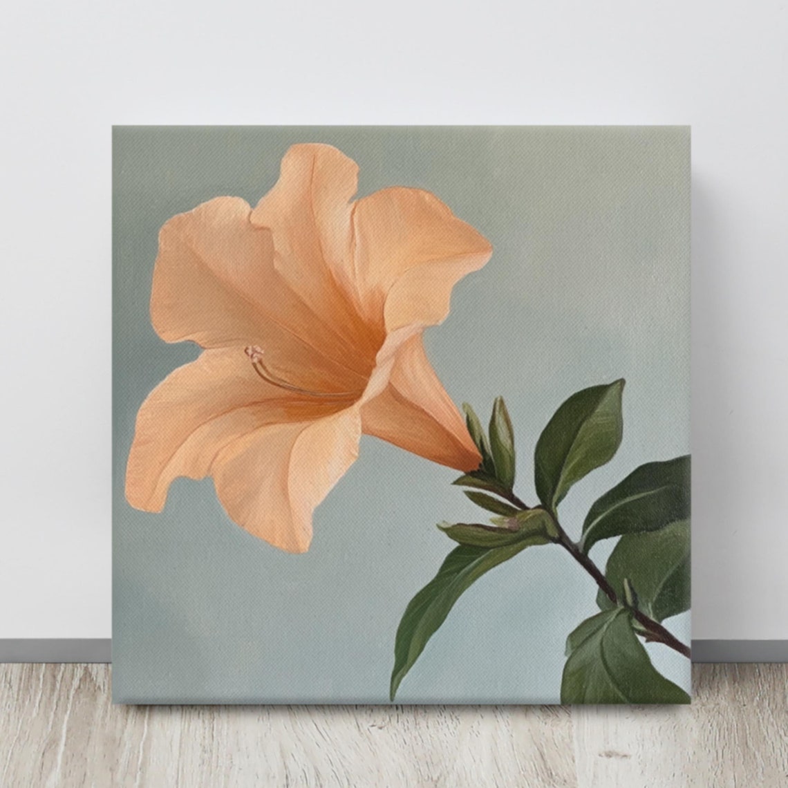 Peach Trumpet Vine Single Bloom Sage Botanical Floral Poster