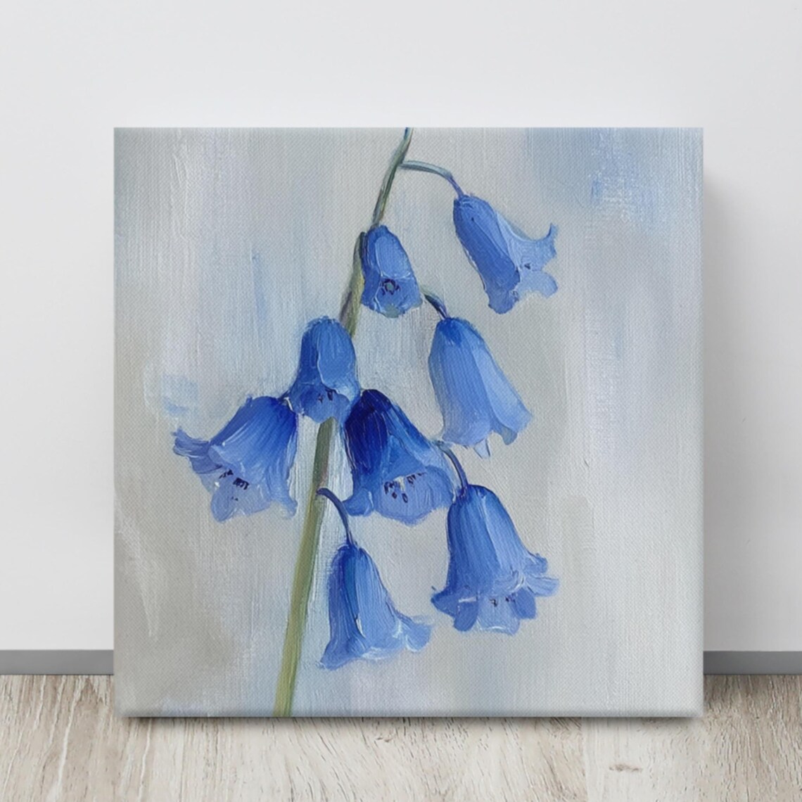 Blue Bluebell Bell Flowers Hanging on Soft Gray Painting Poster