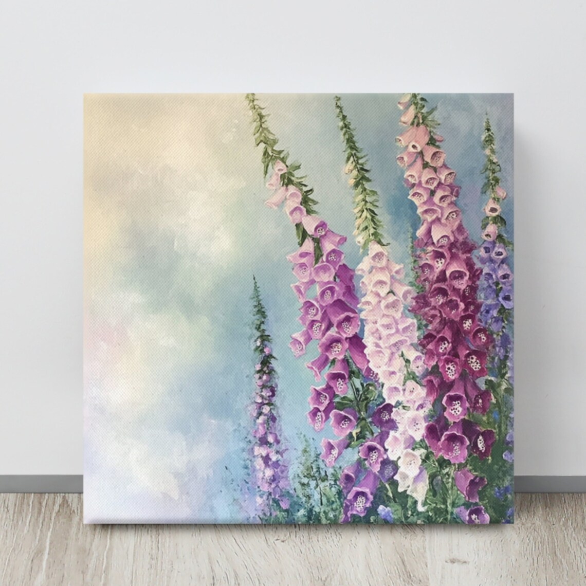 Purple Pink Foxglove Tall Spires Dreamy Blue Sky Cottage Garden Poster