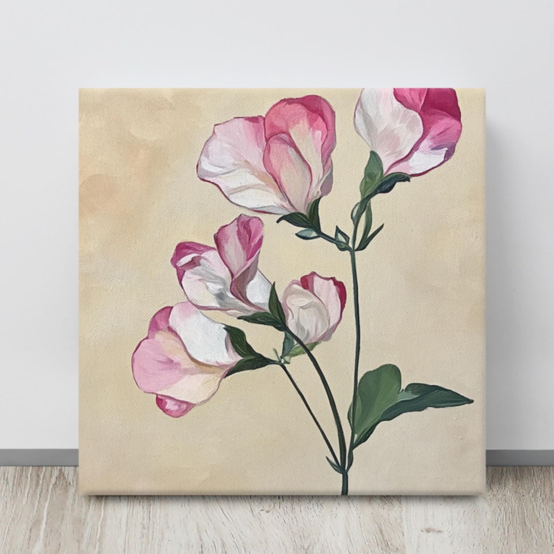Sweet Pea Flower Wall Art Painting Print Living Room Wall Art Sweet Pea Art Flower Painting Print Beige Wall Art
