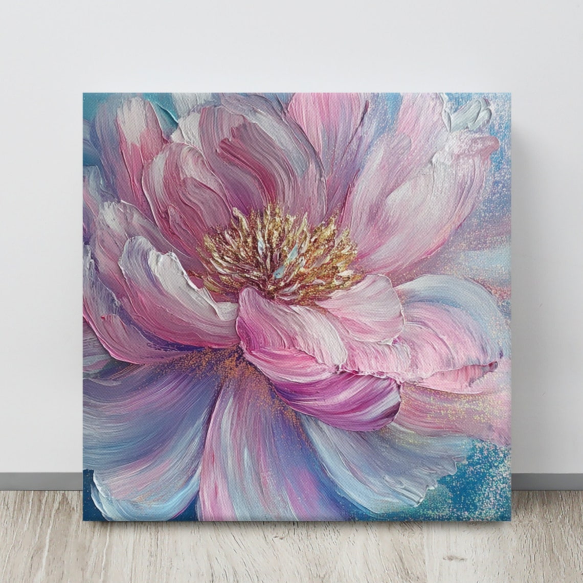 Pink and Blue Peony Impasto Close-Up Gold Center Floral Art Poster