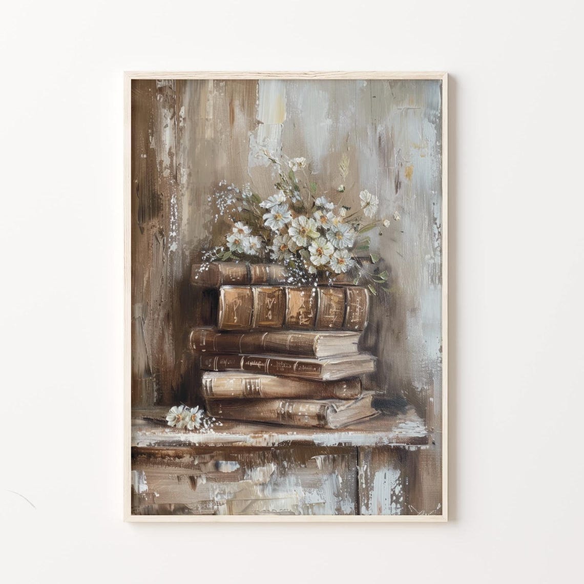 Antique Book Stack With Daisies Vintage Academia Library Floral Poster - Image 4