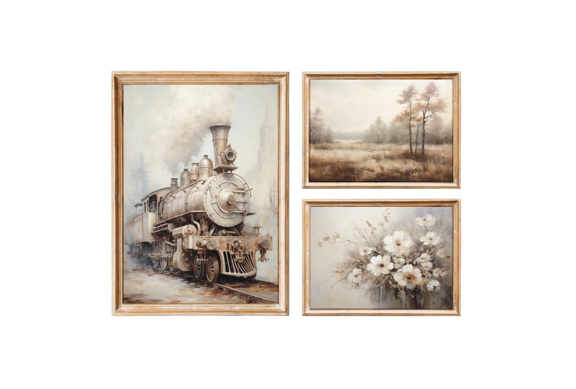 Vintage Steam Locomotive Train Painting Neutral Rustic Decor Poster - Image 4