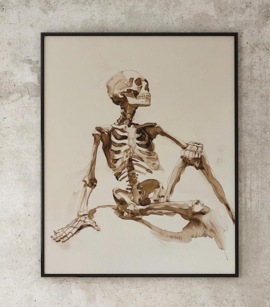 Seated Human Skeleton Sepia Ink Study On Cream Background Poster - Image 3