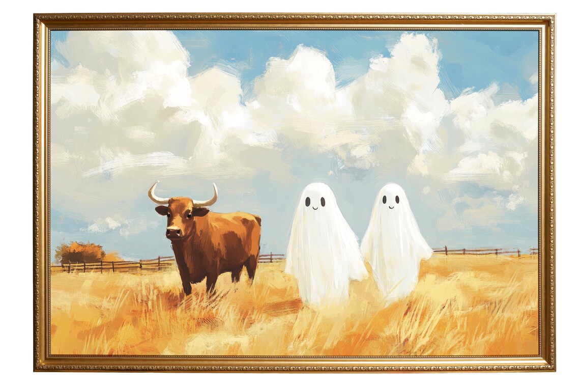 Longhorn Cow and Two Ghosts Golden Pasture Painting Wall Poster - Image 6