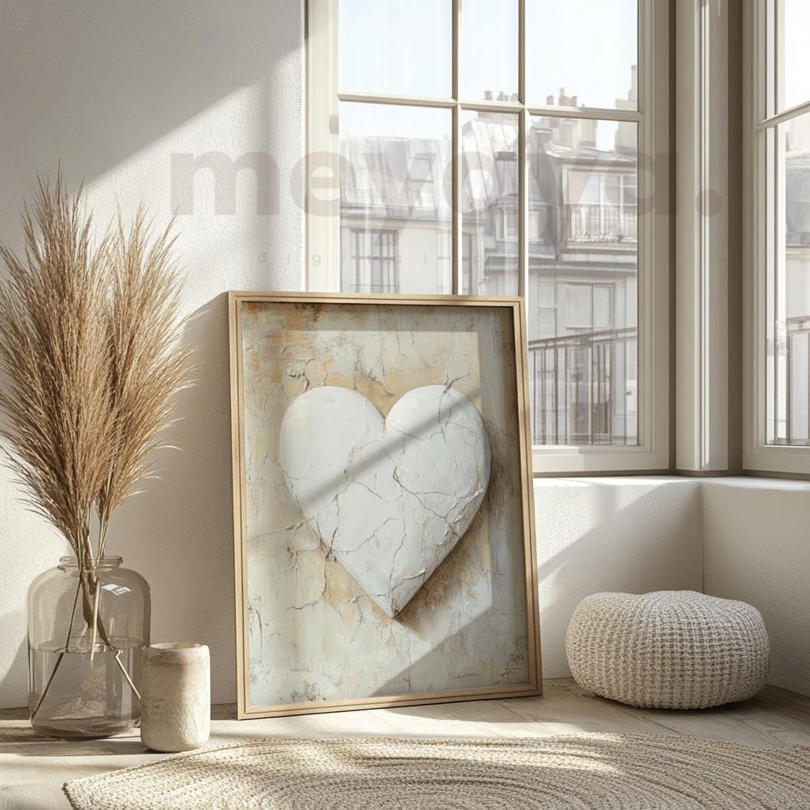 White Cracked Plaster Heart Neutral Vintage Romantic Wall Print - Image 5