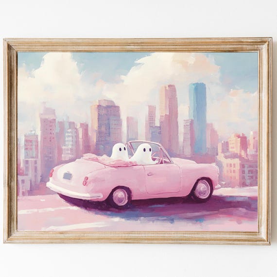 Ghost Couple Riding A Car Aesthetic Pink Halloween Print Girly Spooky Decor Preppy Halloween Print Cute Ghost Print Pastel Halloween
