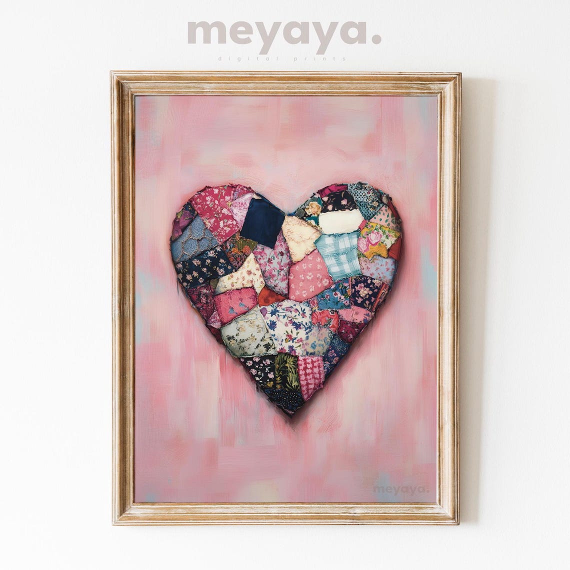 Patchwork Quilt Heart Pink Vintage Folk Art Romantic Wall Print