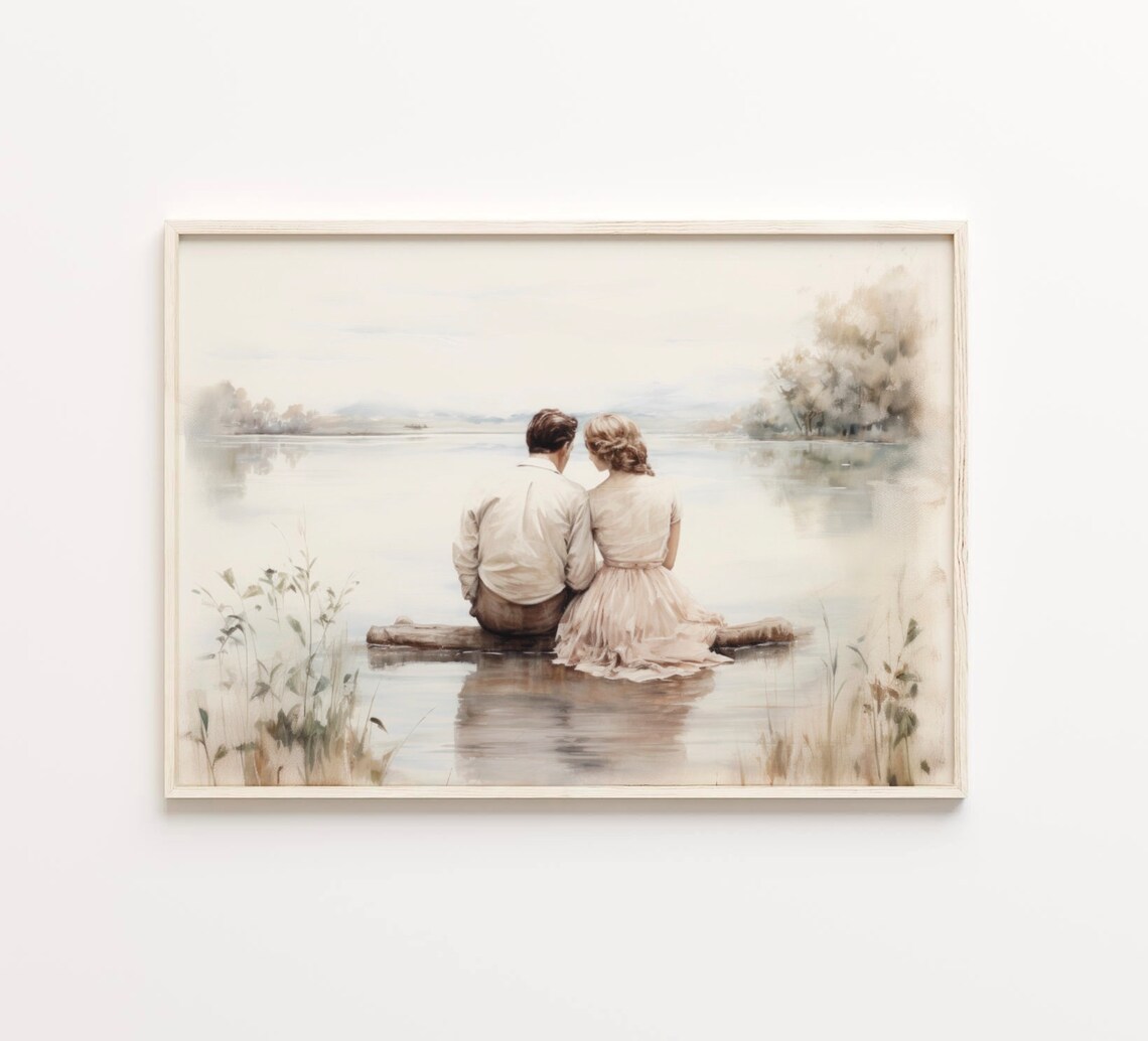 Romantic Couple Sitting At The Lake, Vintage Art Print - Image 5