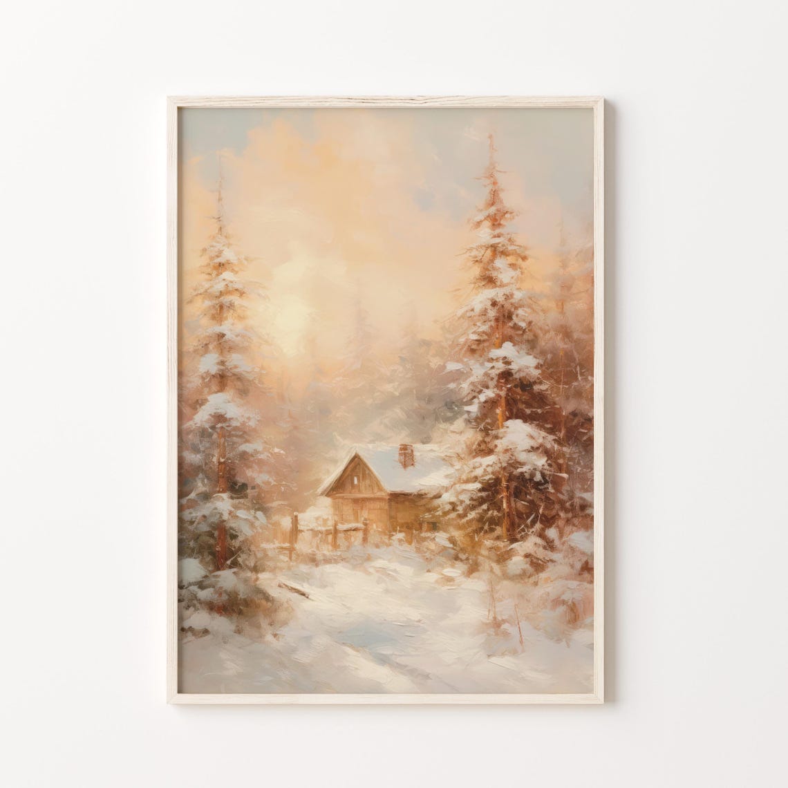Snowy Log Cabin At Sunset Among Winter Pines Christmas Poster - Image 3