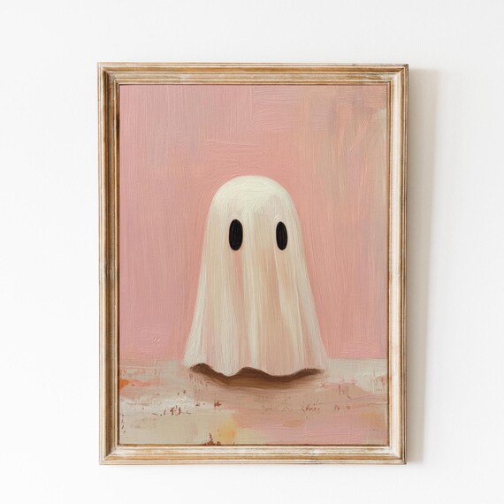 Cute Ghost On A Pink Background Impasto Oil Painting Spooky Poster