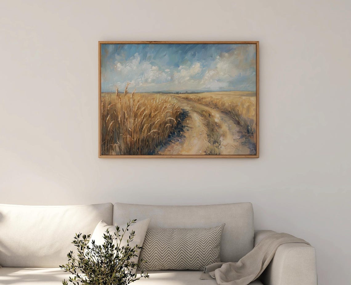 Golden Wheat Field Path Blue Sky Vintage Countryside Road Poster - Image 2