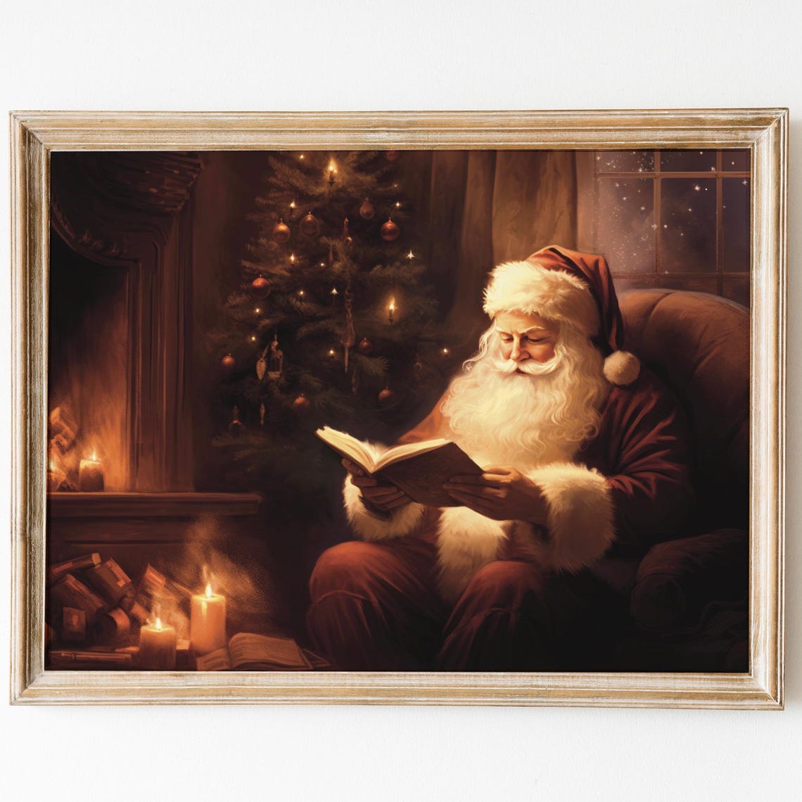 Santa Reading A Book Print Xmas Print Vintage Christmas Painting Moody Art Holiday Art Trendy Christmas Classic Santa Poster