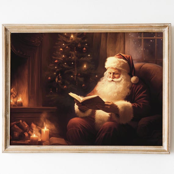 Santa Reading A Book Print Xmas Print Vintage Christmas Painting Moody Art Holiday Art Trendy Christmas Classic Santa Poster