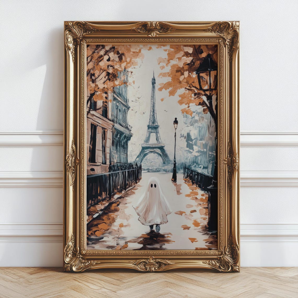 Cute Ghost Walking Toward Eiffel Tower On Autumn Paris Street Poster - Image 5