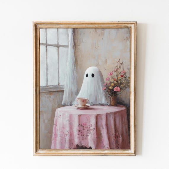 Cute Ghost Print, Pink Halloween Vintage Decor