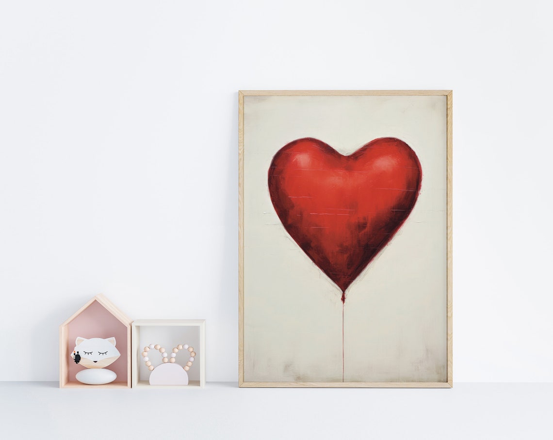 Red Heart Shaped Balloon Painting On Cream Background Love Poster - Image 3