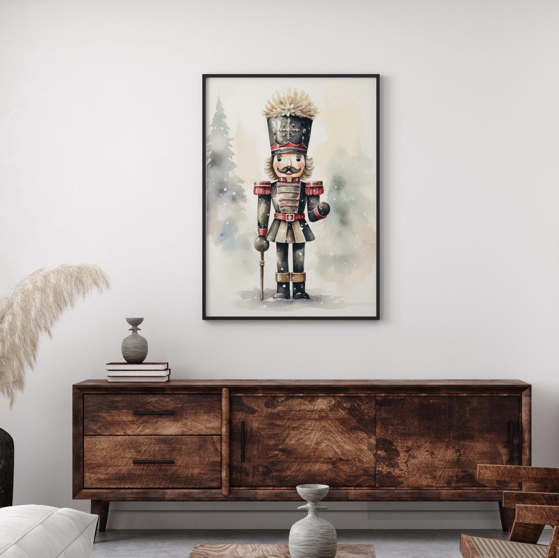 Watercolor Nutcracker In Dark Uniform With Snowy Christmas Poster - Image 2