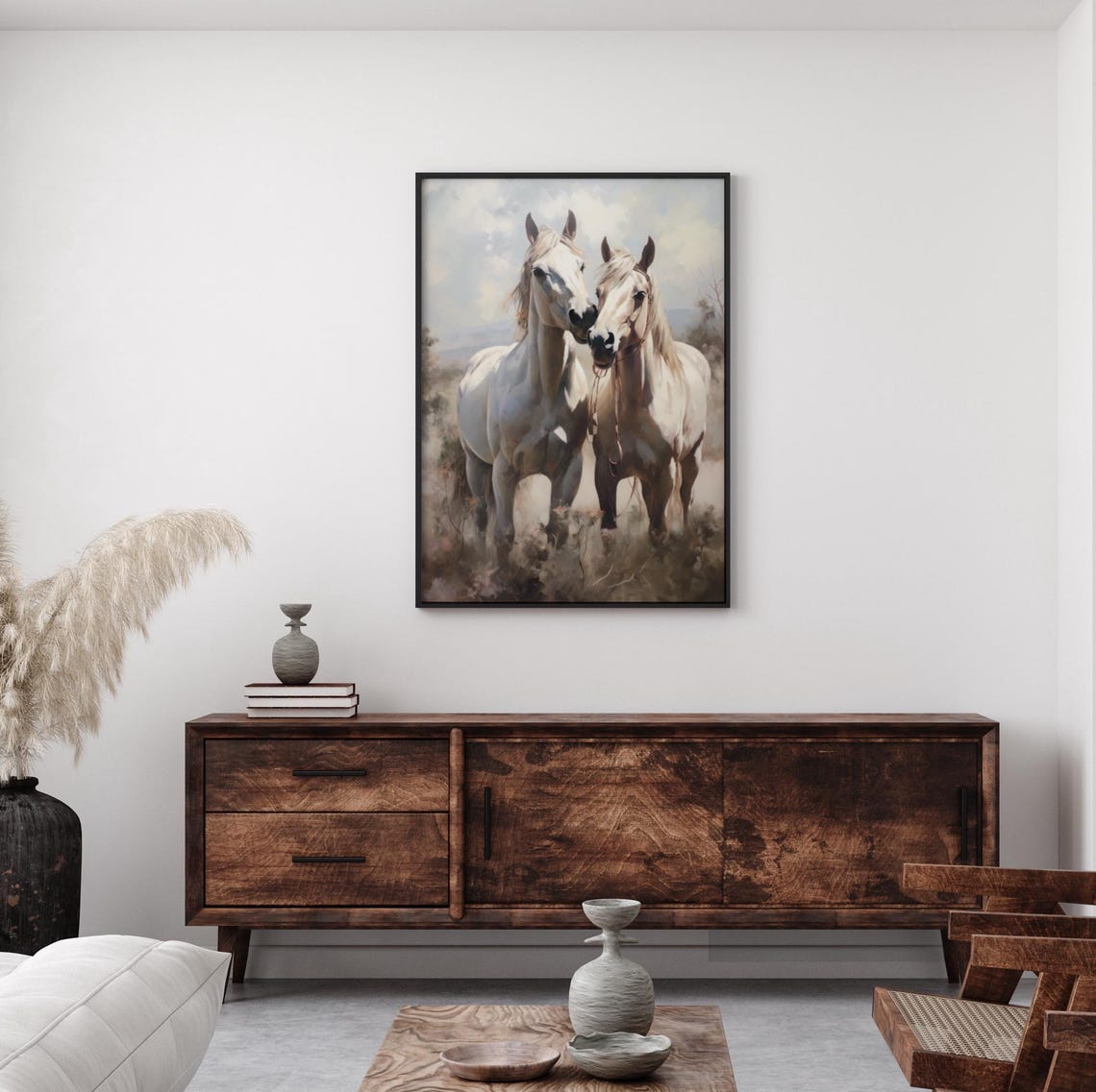 Pair Of White Horses Nuzzling In A Meadow Vintage Equestrian Poster - Image 2