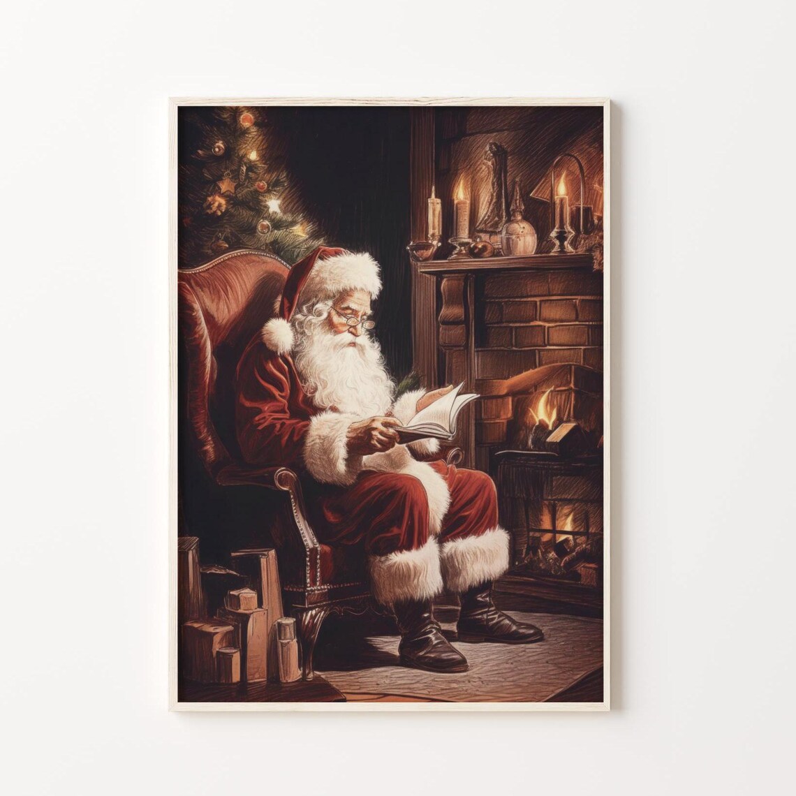 Santa Claus Print Santa Reading A Book Vintage Christmas Painting Xmas Wall Art Red Santa Poster Christmas Dark Academia Holiday Decor - Image 5