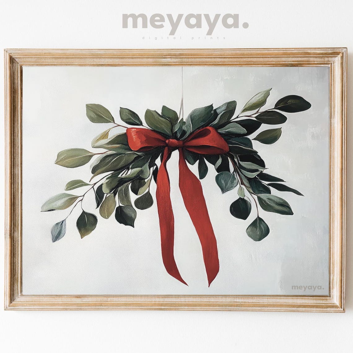 Mistletoe Swag Red Velvet Bow Eucalyptus Minimalist Christmas Poster