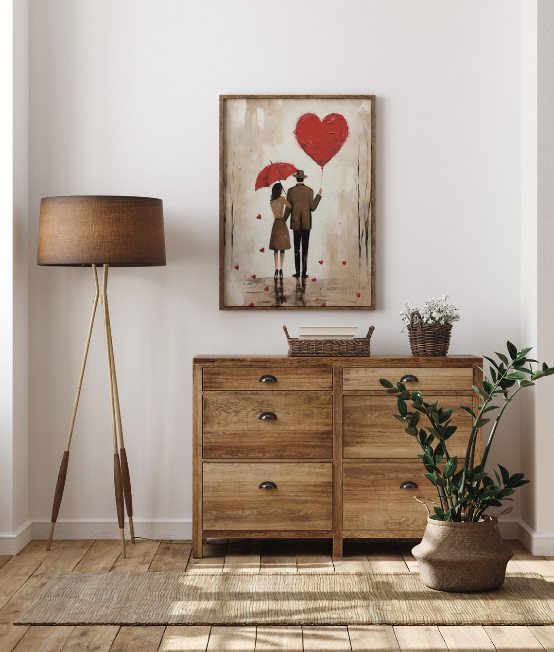 Couple Red Heart Balloon Umbrella Rainy Day Romantic Art Poster - Image 5
