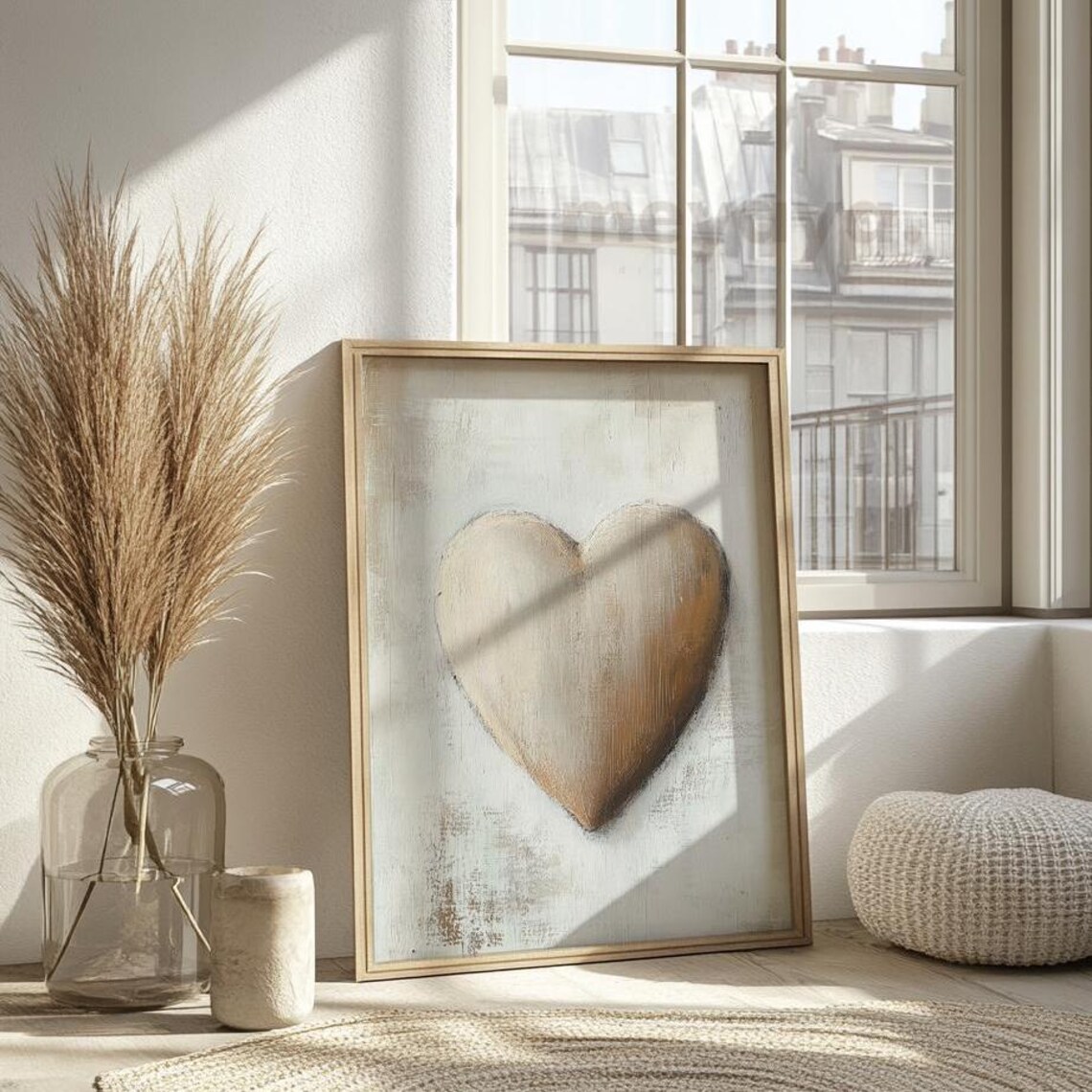 Neutral Valentines Beige Heart Print, Vintage Romance - Image 5