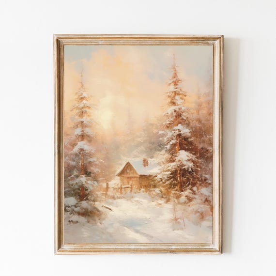 Winter Forest Painting Cabin Christmas Print Winter Art Vintage Holiday Painting Neutral Christmas Decor Moody Christmas Art